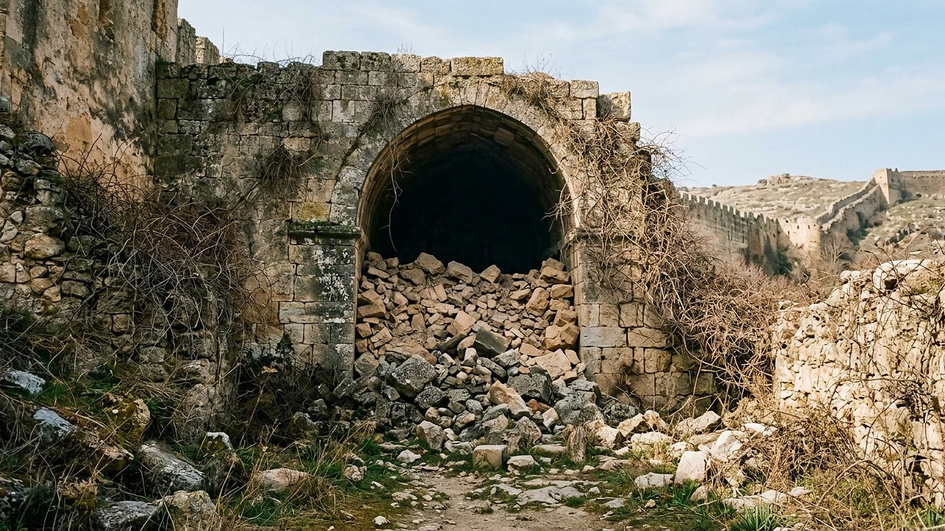 Une porte scellée par les gravats : une ville qui ne se relève pas tout de suite, cela se voit dans ses pierres.