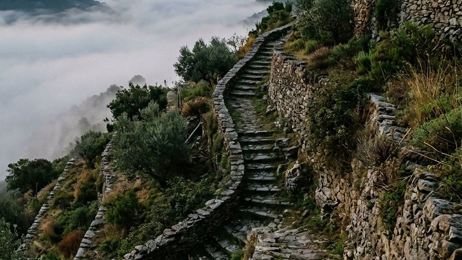 Un escalier de pierre vers les hauteurs : le récit se déroule sur des pentes réelles, entre terrasses et murets.