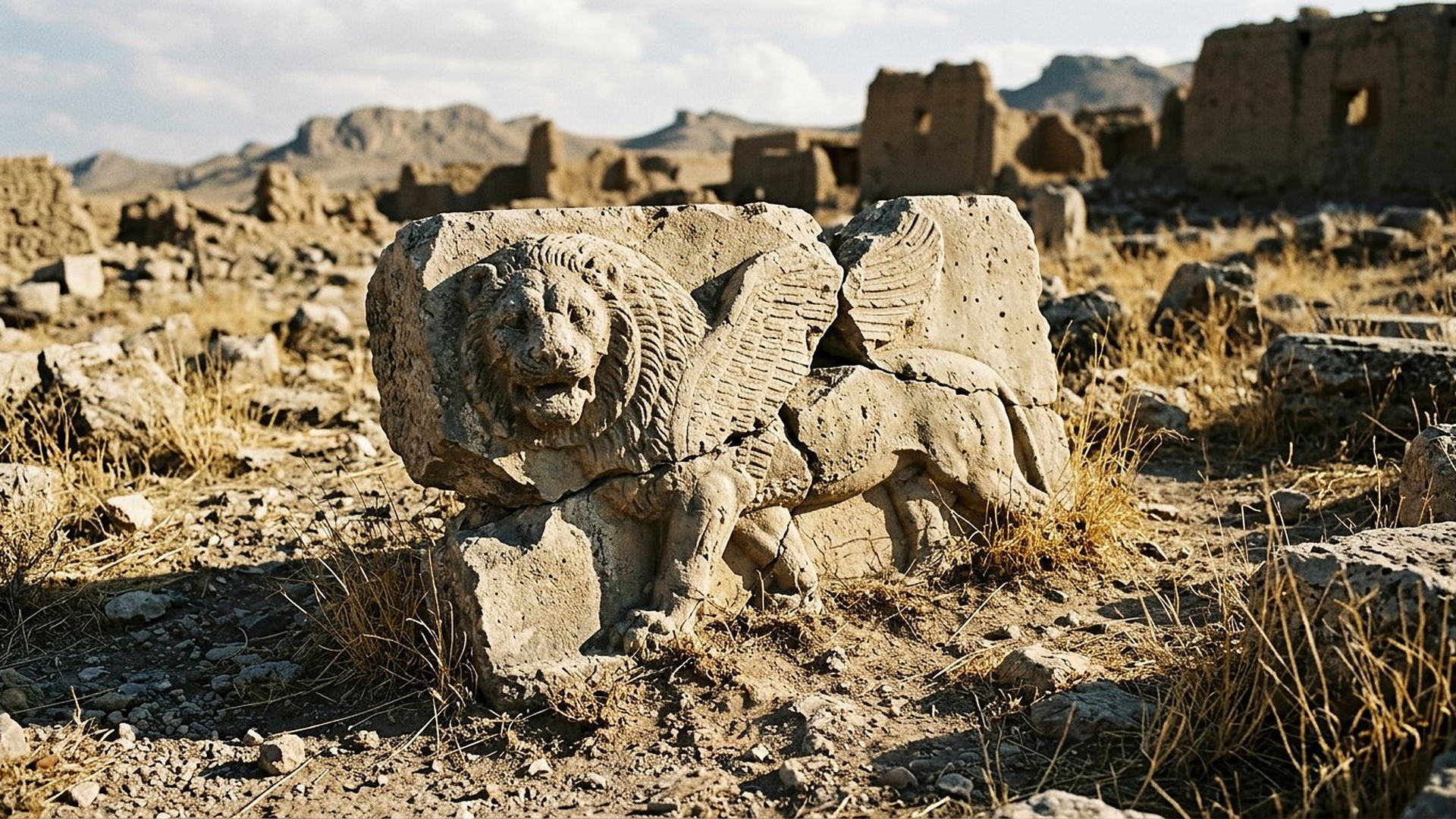 Un lion de pierre brisé et à demi enseveli : l’empire qui terrorisait ses voisins n’a pas survécu à ses propres murs.