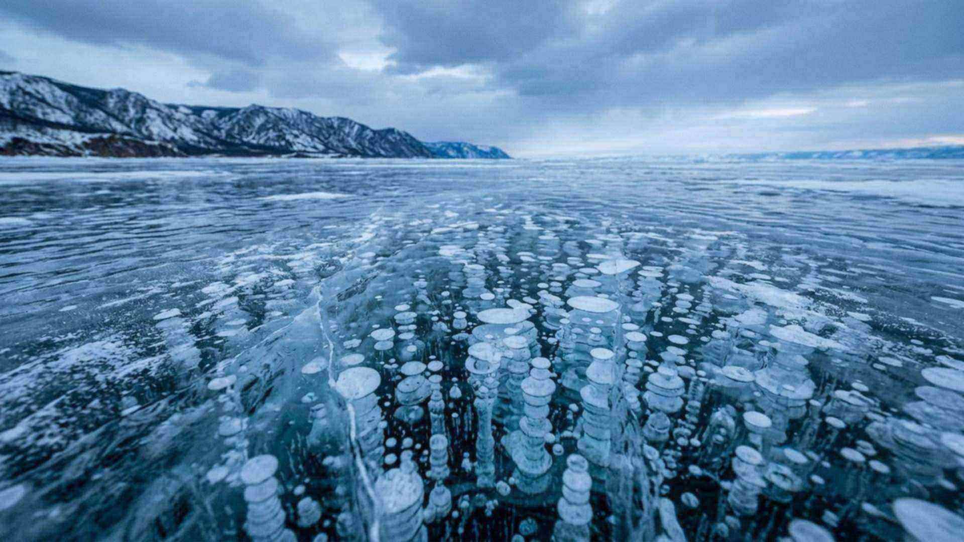 Des bulles prisonnières de la glace : l’eau gèle par le haut et la vie aquatique survit à l’hiver.