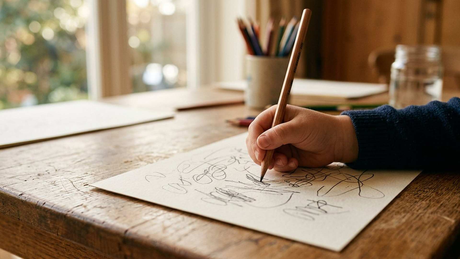 Une main d’enfant qui dessine : représenter ce qui n’est pas là, c’est déjà un acte de langage.