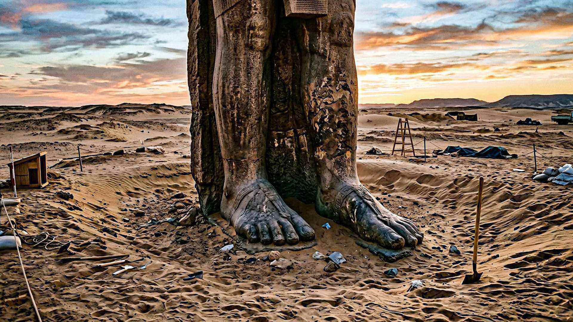 Les pieds d’une statue colossale ensevelie : dans le récit, c’est précisément là que la bête est frappée.