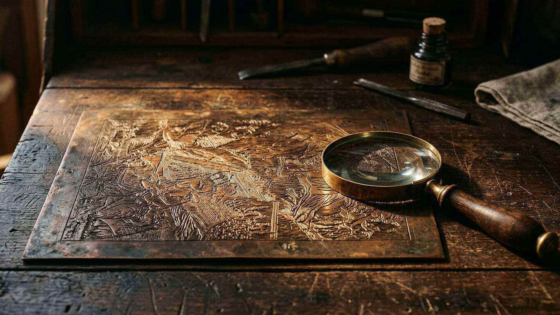Une plaque gravée et sa loupe : un texte ancien ne se lit pas d’un coup d’œil, il se déchiffre ligne par ligne.