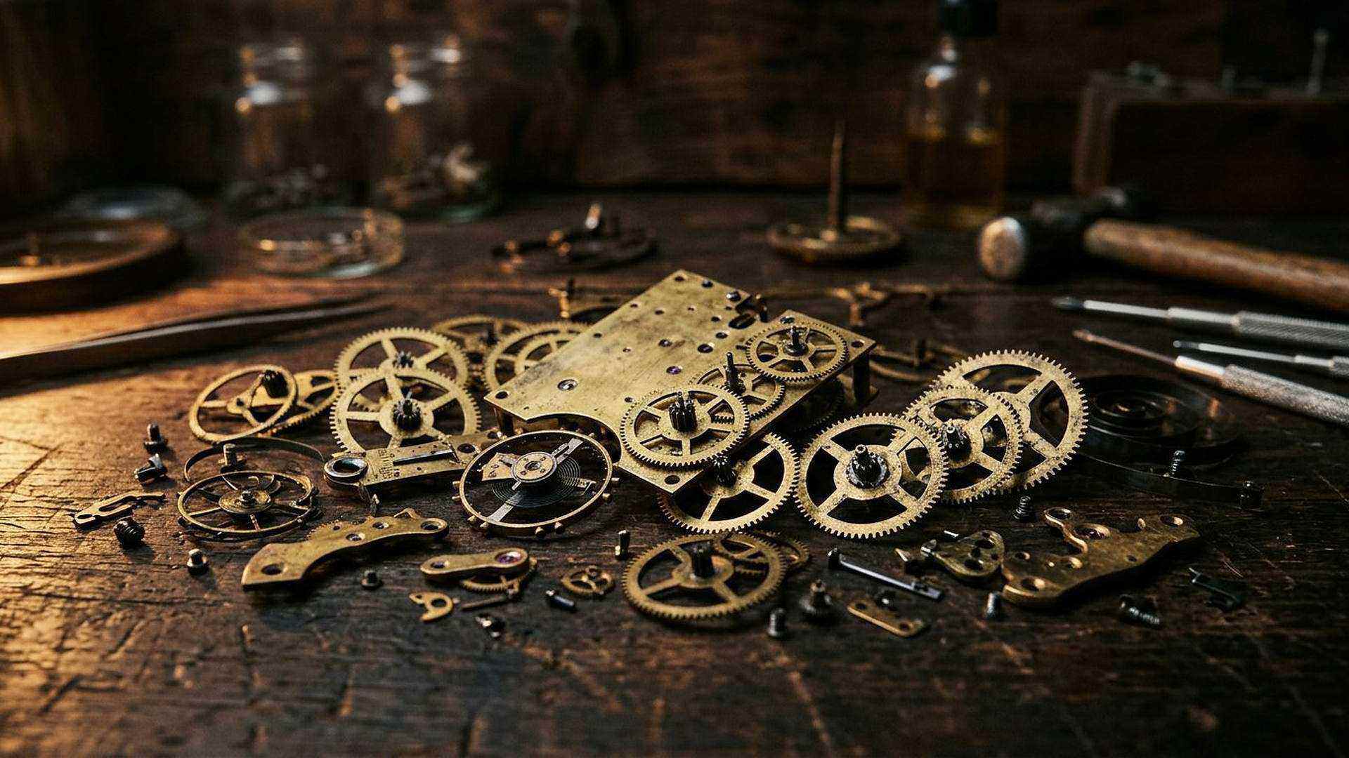 Un mouvement d’horloge démonté : chaque rouage est daté par un phénomène observable, pas par une impression.