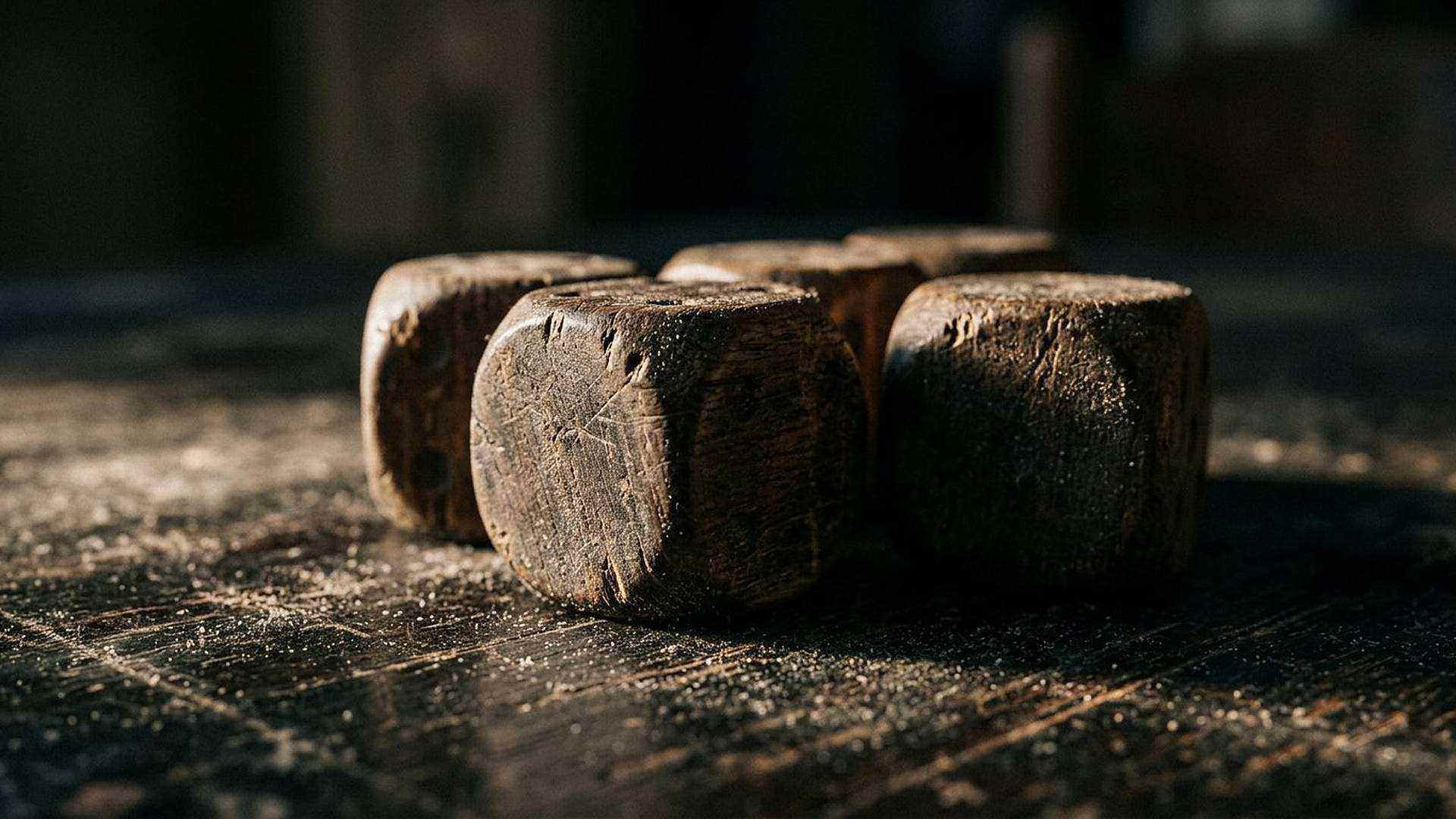Des dés usés sur une table : le hasard produit du bruit, pas des systèmes qui se réparent eux-mêmes.