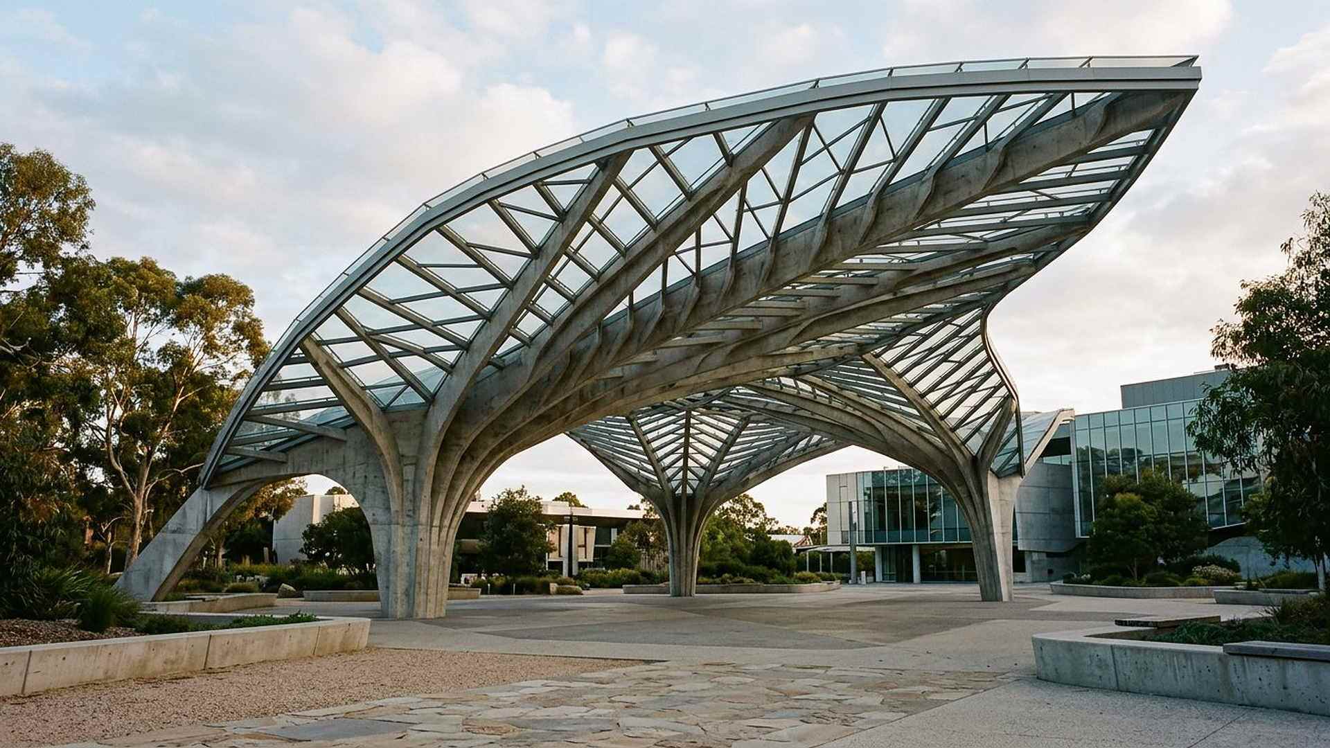 Une canopée nervurée : l’ingénieur n’a pas copié une forme, il a copié une logique de répartition des efforts.
