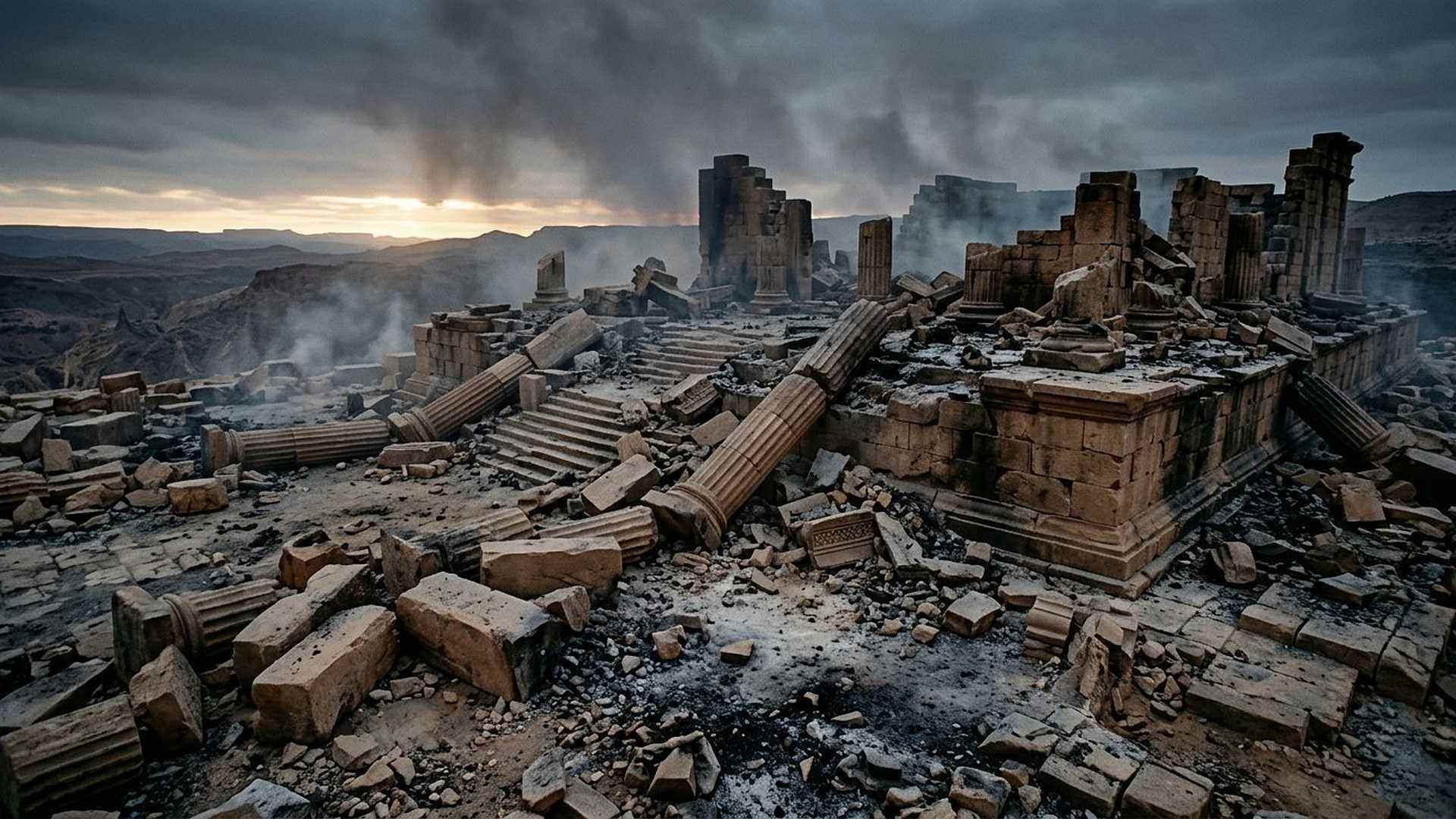 Le soubassement après la chute : blocs renversés, cendre, et le silence qui suit une destruction datée.