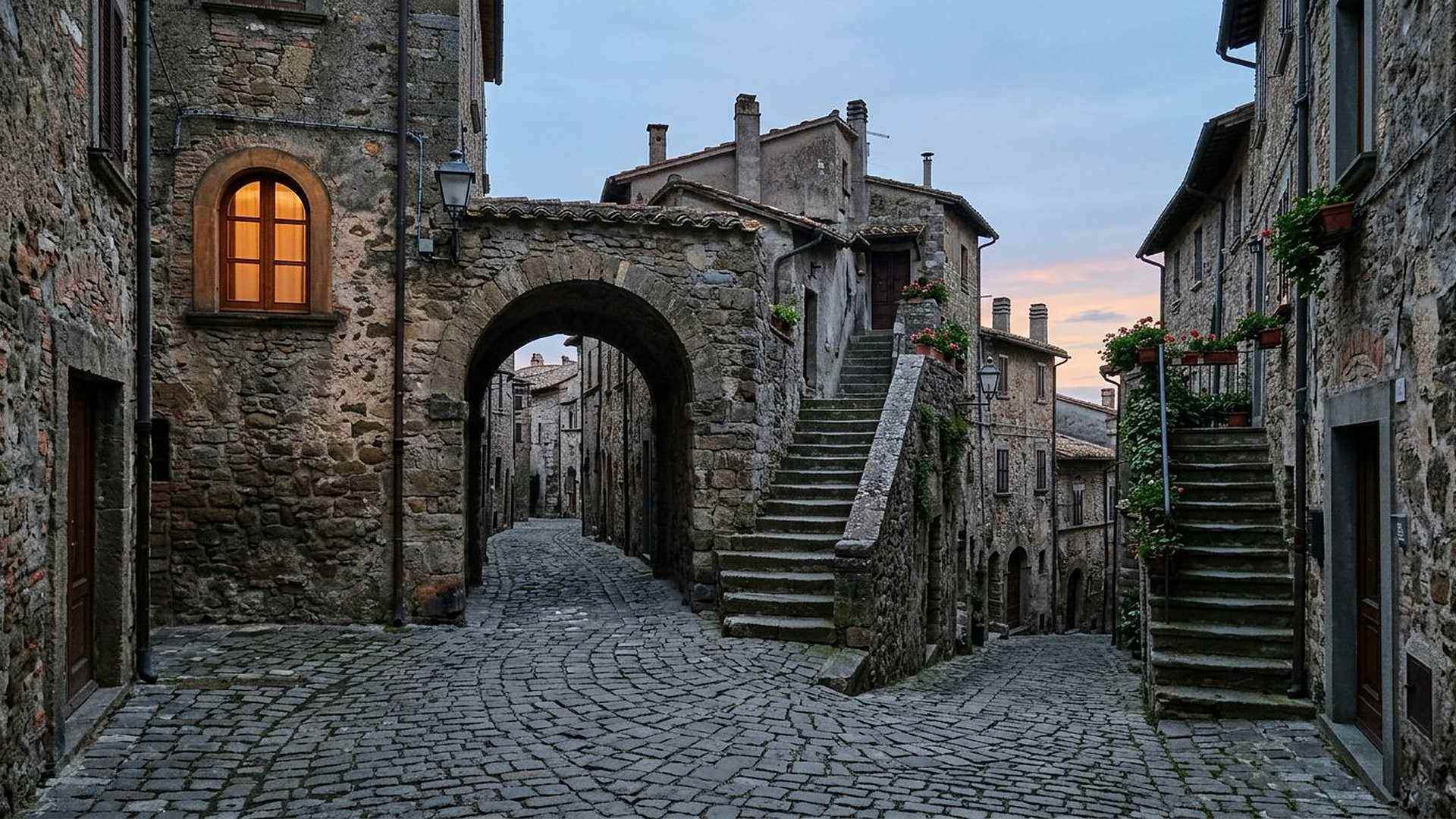 Une ruelle de pierre à l’aube : le portrait annoncé s’inscrit dans des lieux ordinaires, pas dans une légende.