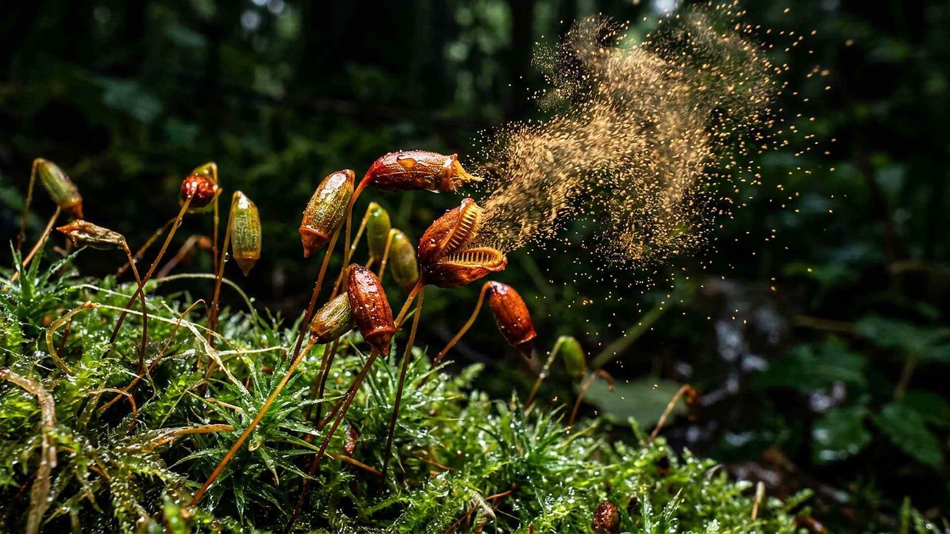 Des capsules de mousse qui libèrent leurs spores : la dispersion est réglée à l’échelle du millimètre.