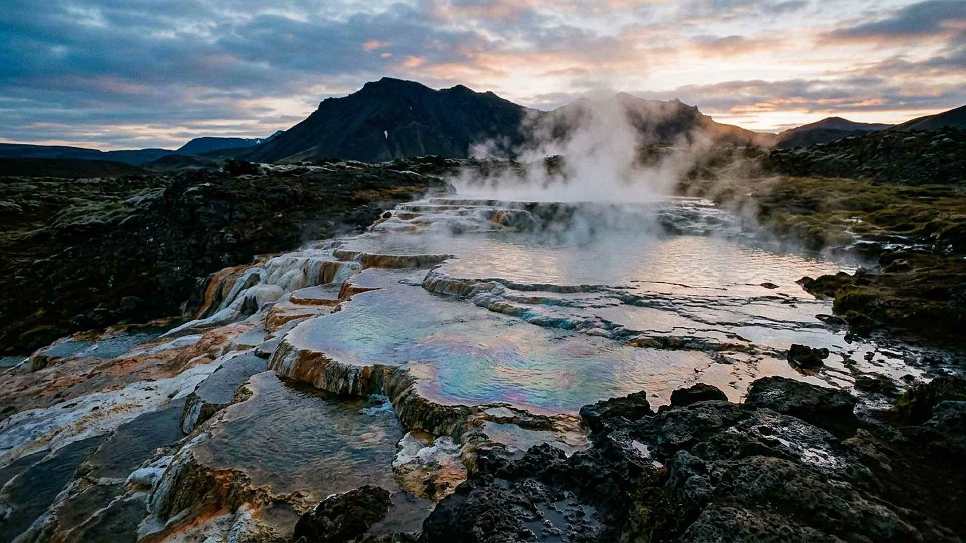 Une source chaude et ses terrasses minérales : la chimie prébiotique travaille là, sans jamais produire une cellule.